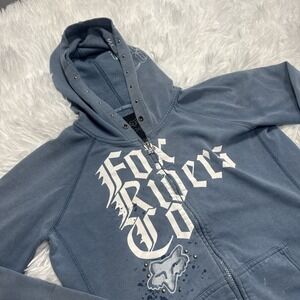 Y2k VTG Fox Girls sz XL Blue Zip Up Hoodie Sweatshirt Hood Studded Pockets Rare!